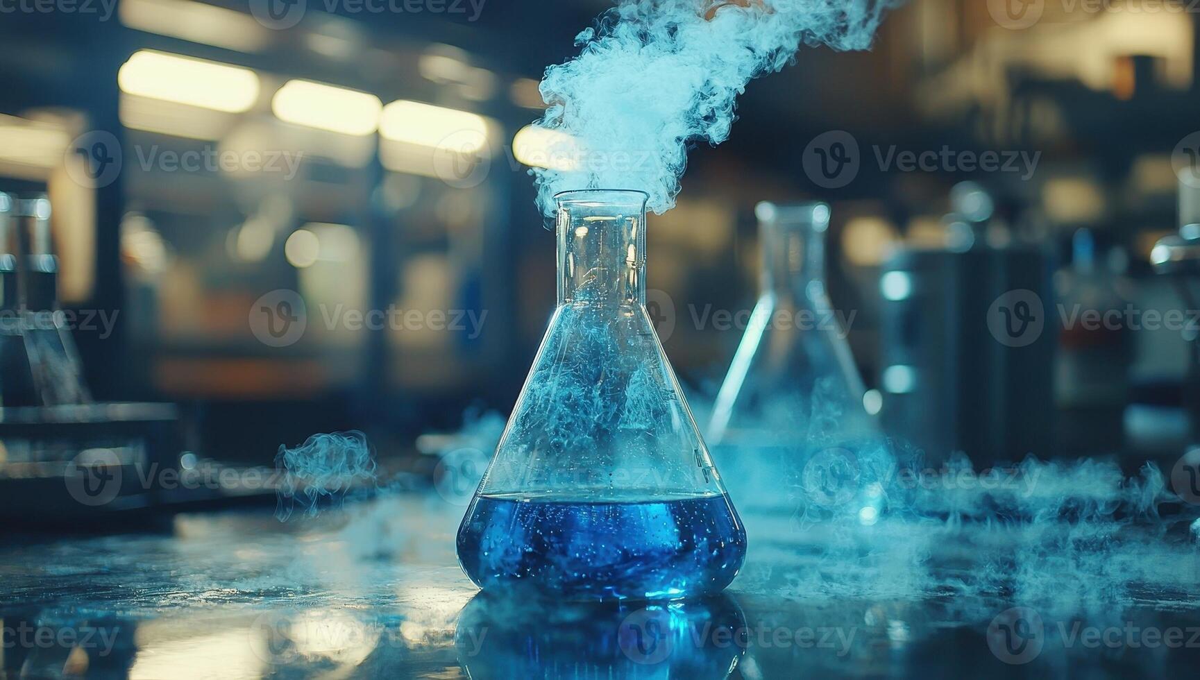 Blue chemical reaction with smoke in a flask. Concept of science, chemistry, experiment and laboratory photo