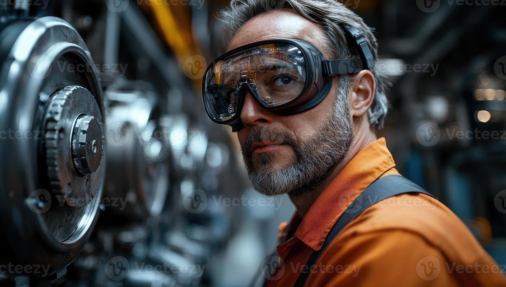 Industrial worker wearing safety goggles operating heavy machinery in factory. Concept of manufacturing, engineering and skilled labor. photo