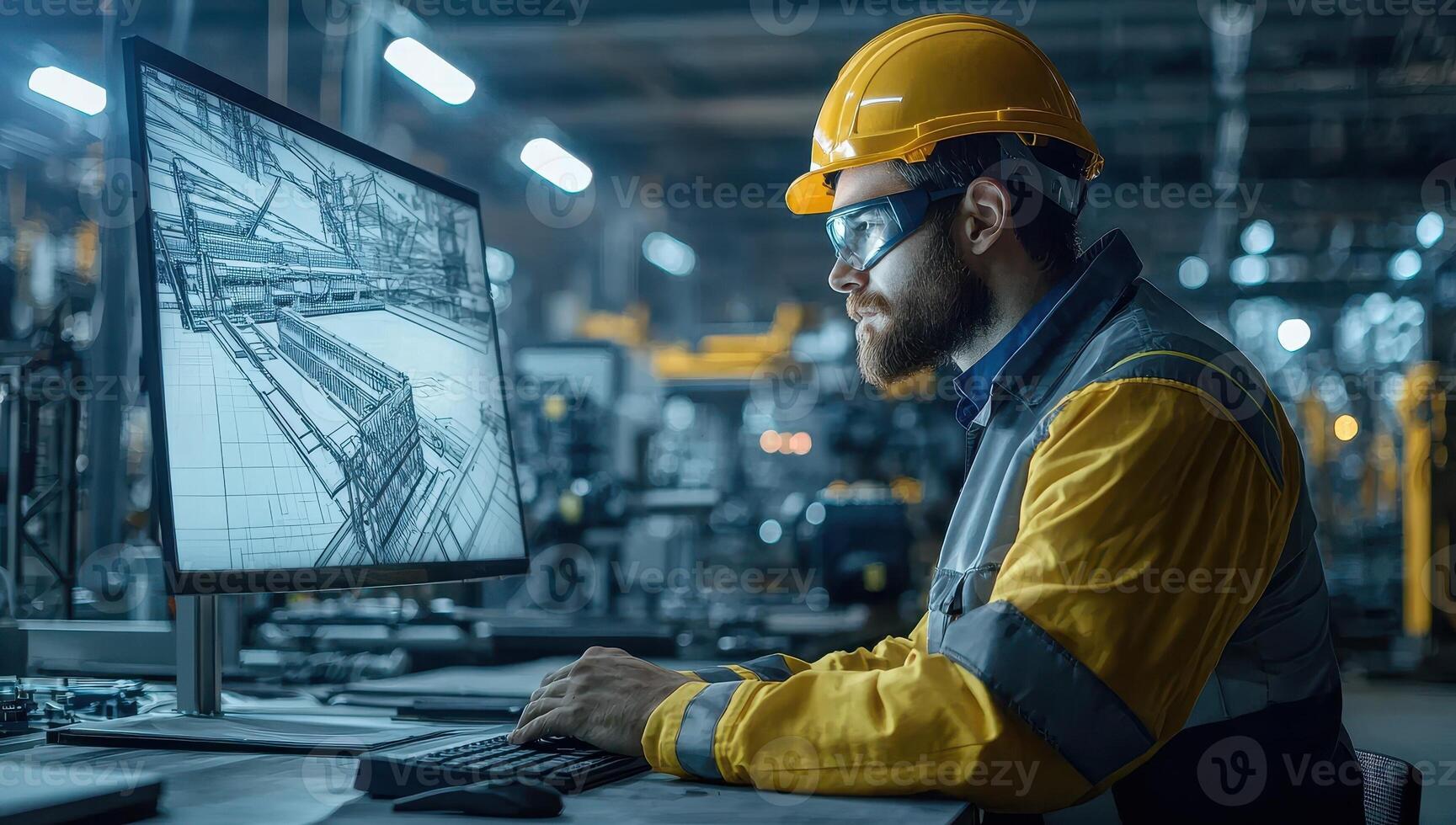 Industrial Engineer Analyzing a 3D Model on a Computer in a Modern Factory. Concept of Industry 4.0, Automation, Engineering, and Manufacturing. photo
