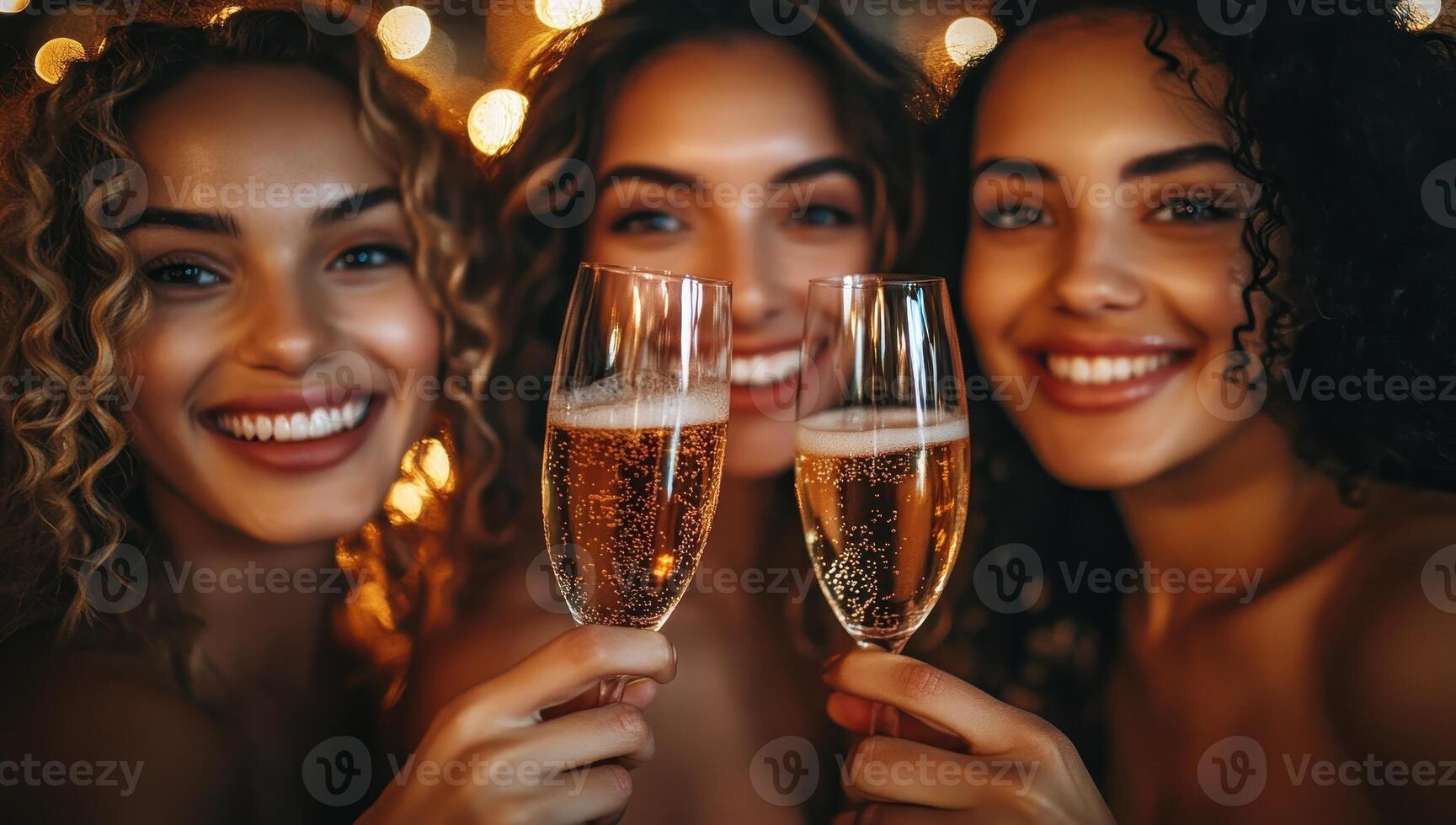 Three cheerful women celebrating with champagne against bokeh lights. Concept of friendship, celebration, and nightlife. photo