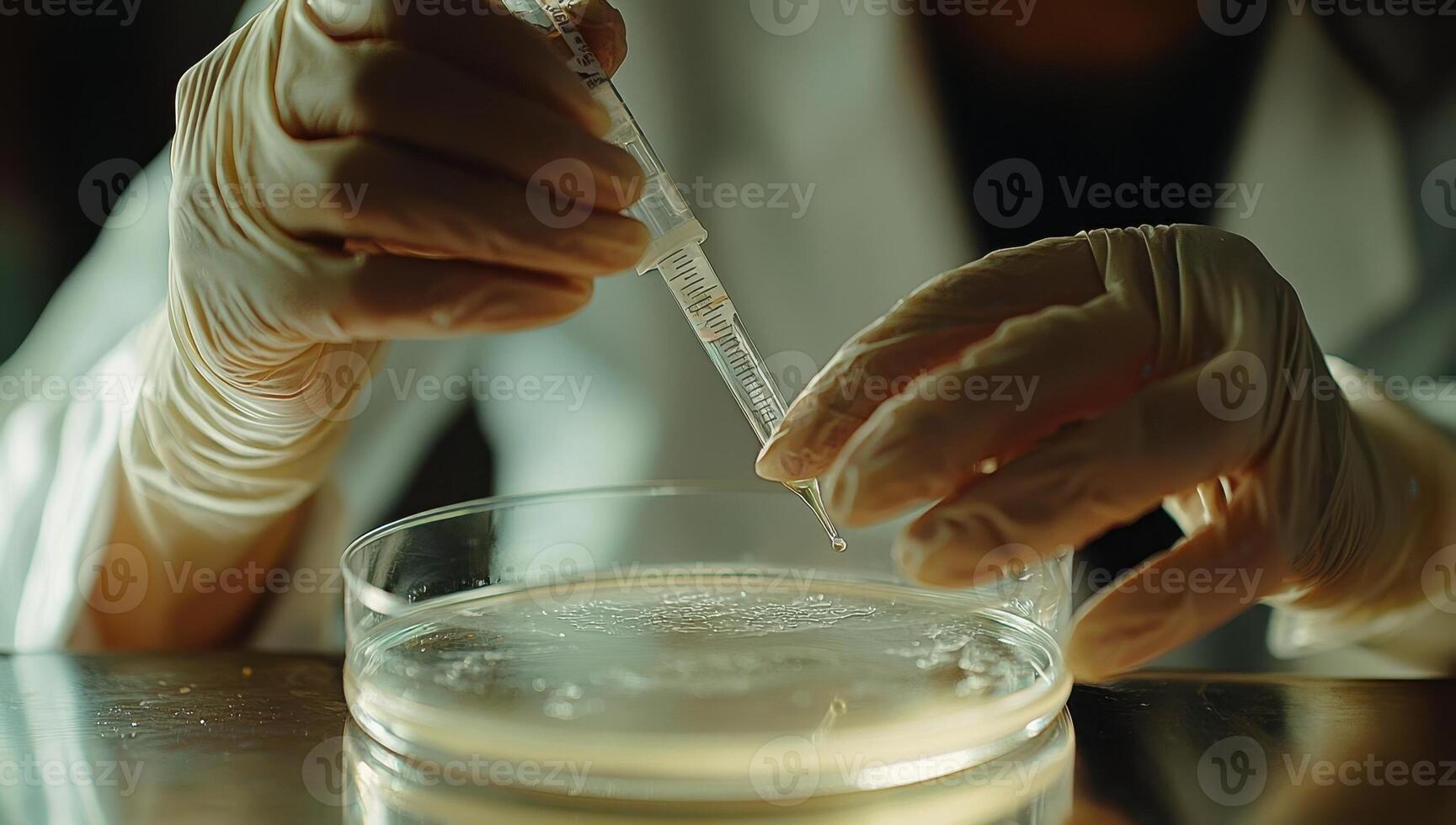 Scientist analyzing a petri dish with a pipette. Concept of microbiology, scientific research, and laboratory work. photo