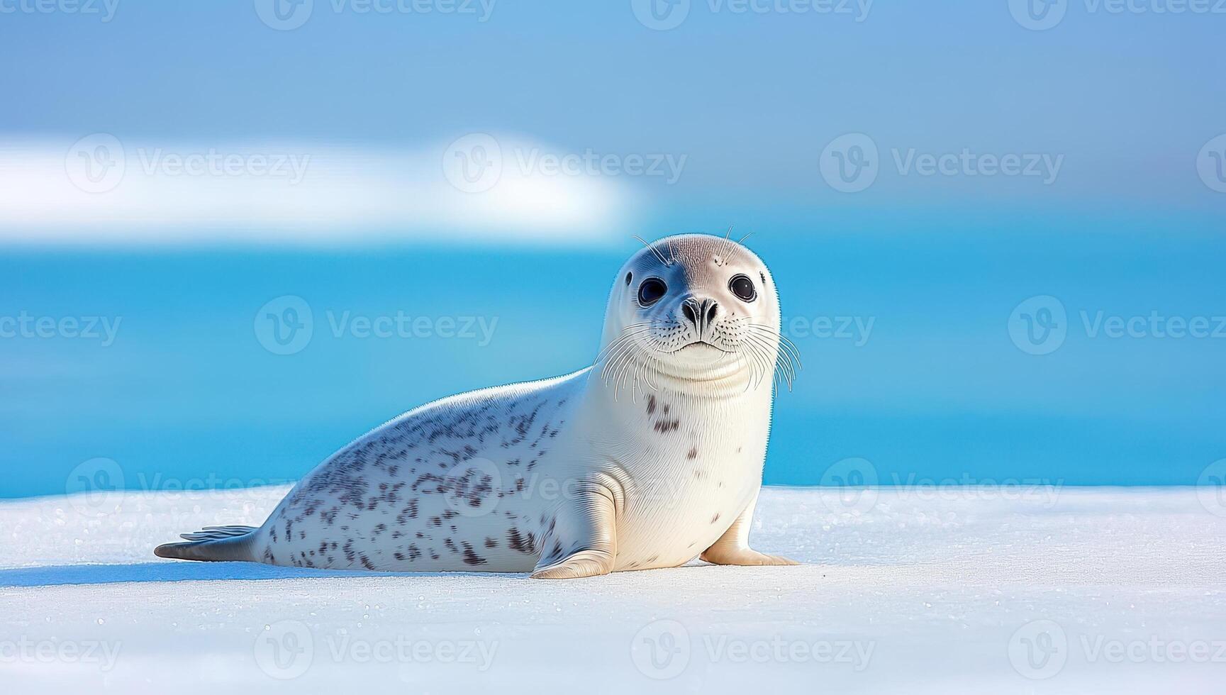 Harp seal pup resting on an ice floe, with bright blue Arctic waters in the background. photo