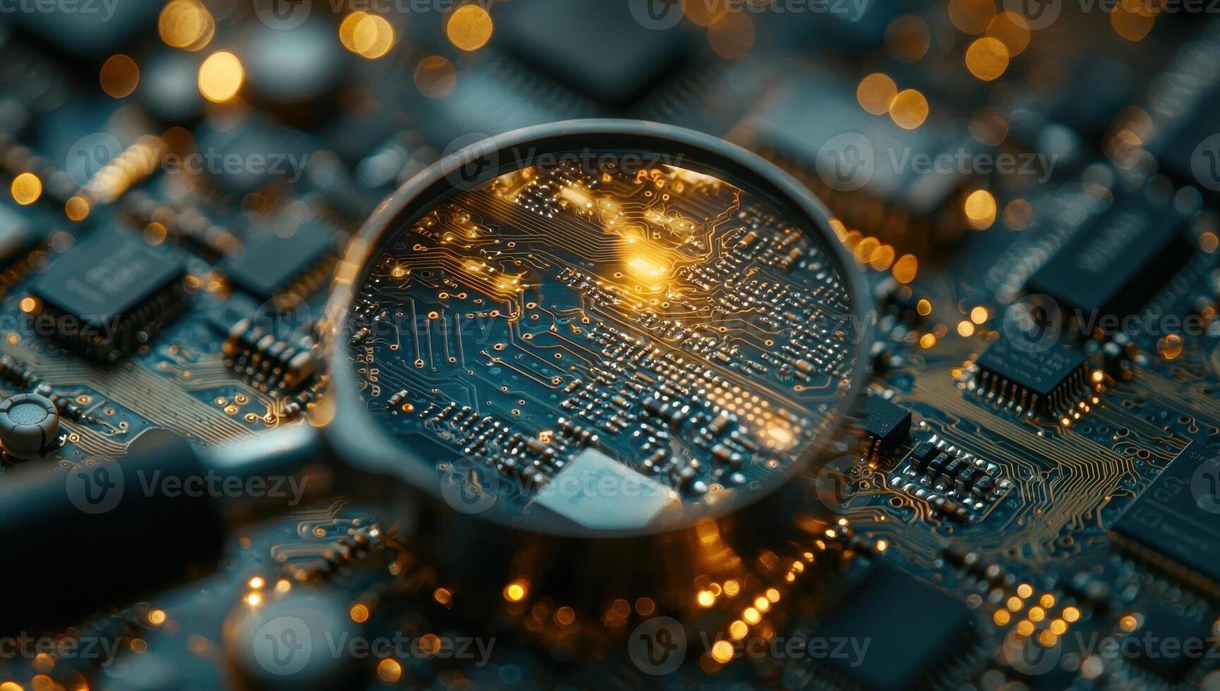Magnifying glass over a glowing circuit board. Concept of technology, electronics, analysis photo