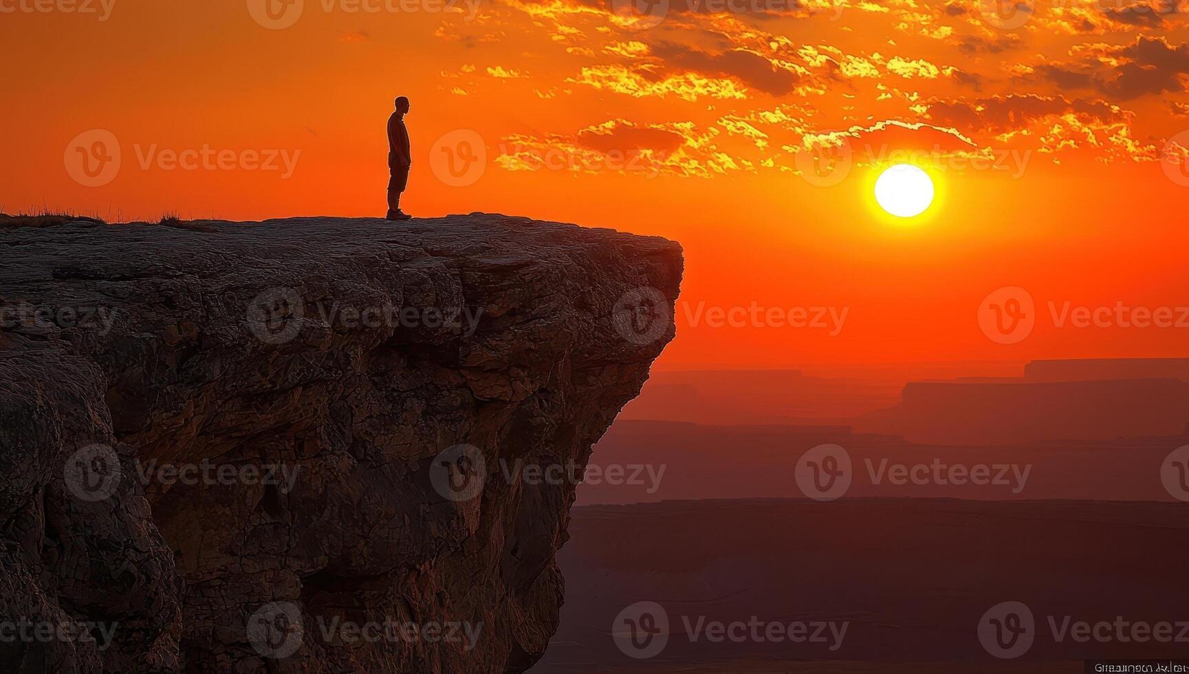 Silhouette of a man standing on a cliff edge at sunset. Concept of adventure, success, freedom and challenge. photo