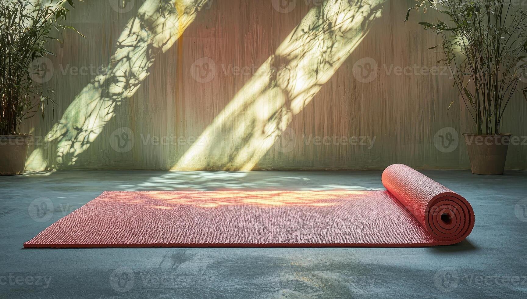 Red yoga mat in a serene studio with sunlight. Concept of mindfulness, relaxation, and wellness. photo
