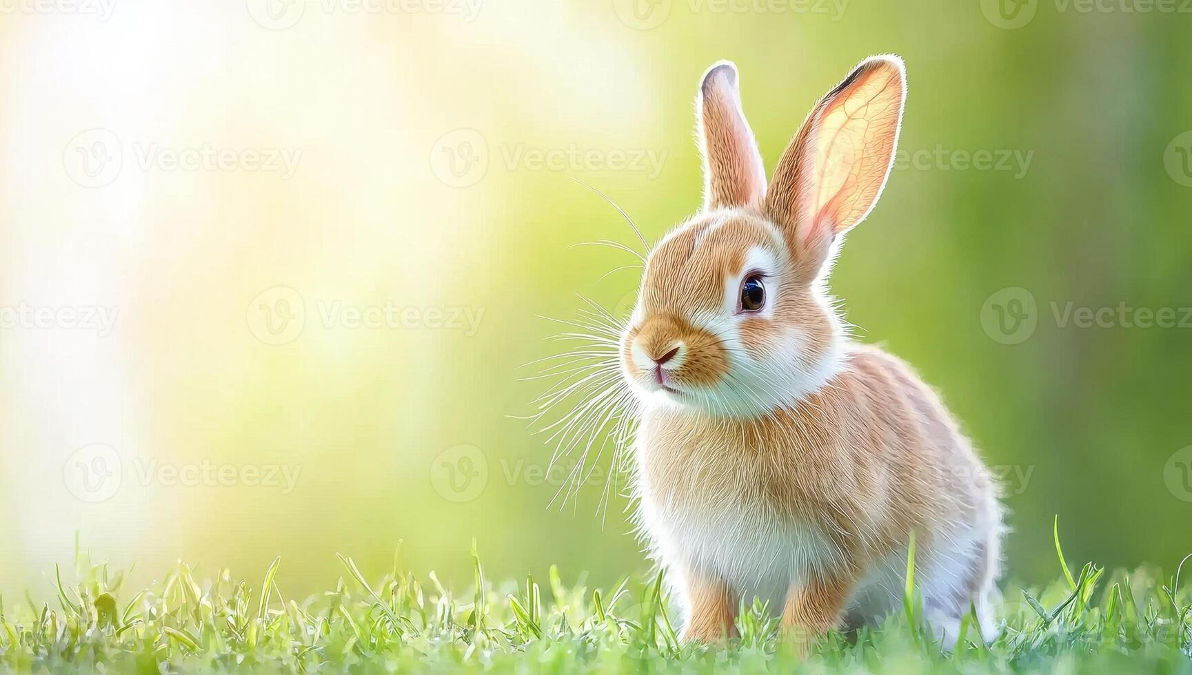 Cute little rabbit sitting in the grass on a sunny day. Concept of spring, Easter, and new life. photo