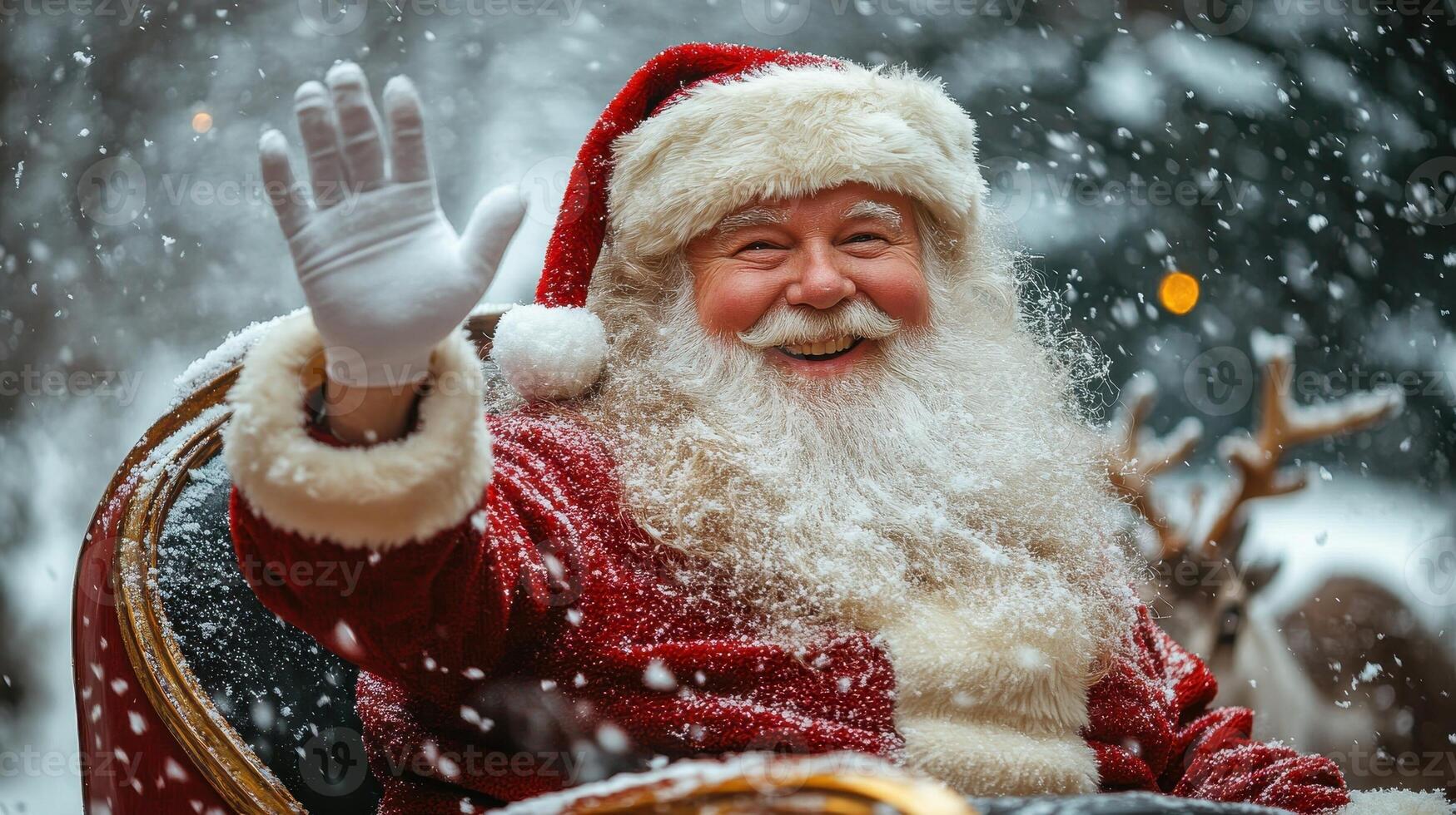 Smiling Santa Claus waving in snowy winter wonderland. Christmas magic and holiday spirit. photo