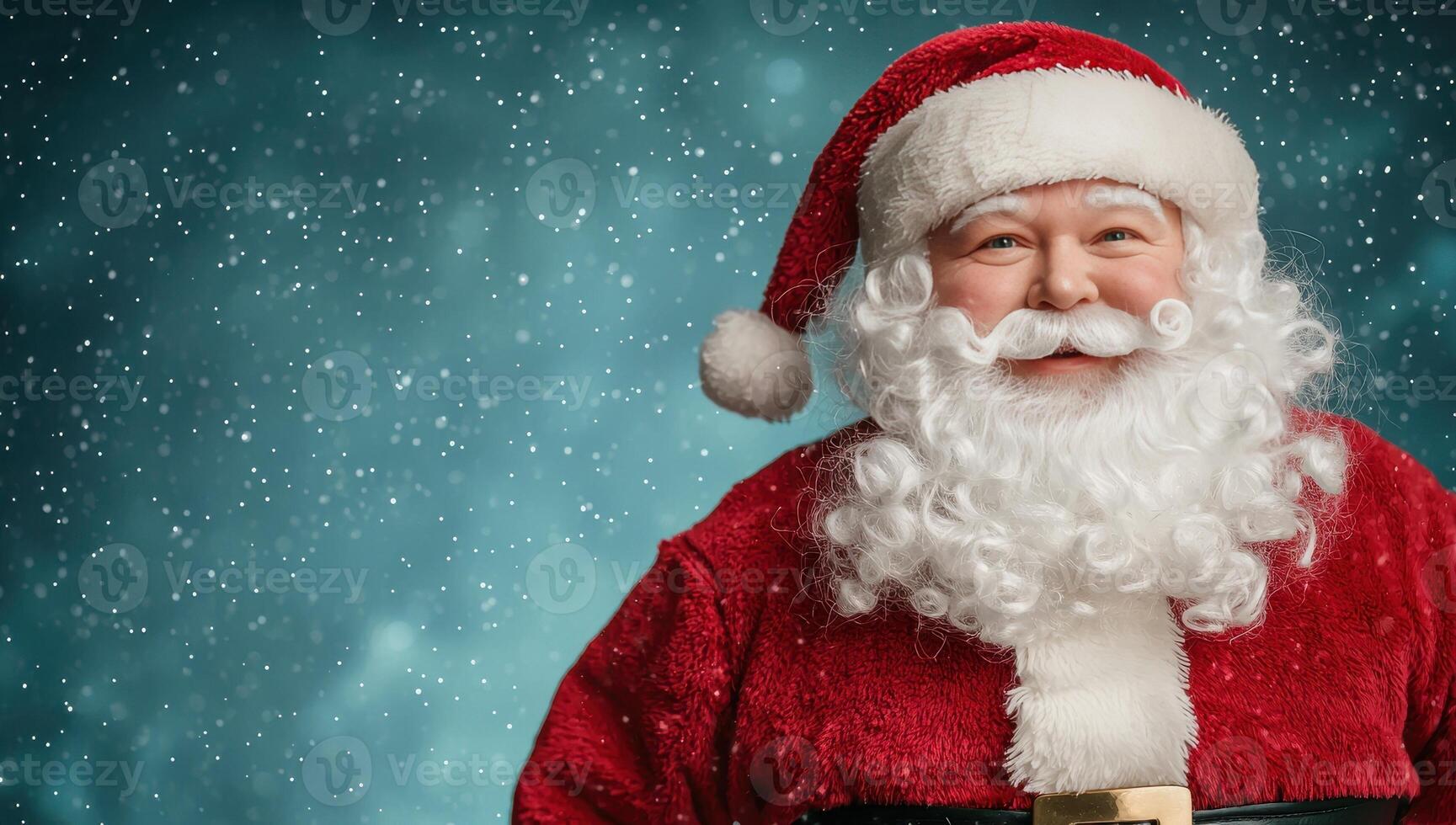 Smiling Santa Claus portrait in snowy winter scene. Concept of Christmas, holiday, and festive celebration. photo