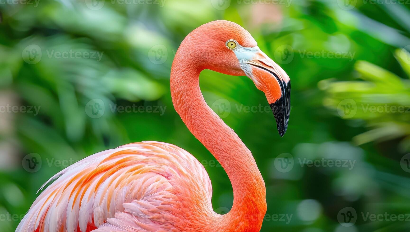 Close up of a pink flamingo with blurred green foliage background. photo