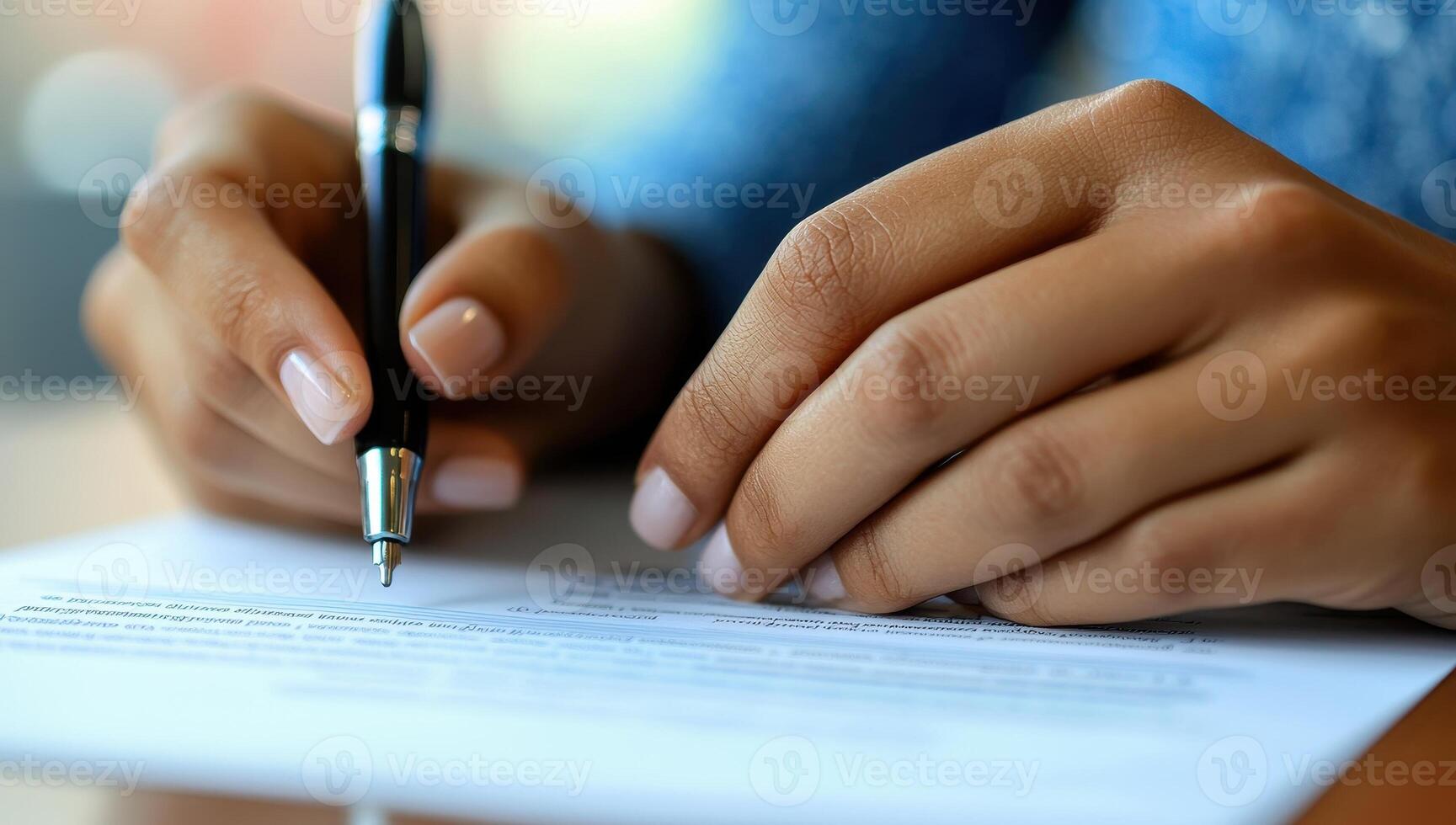 Close up Woman's Hands Signing a Contract with a Pen. Concept of agreement, business, and legality. photo