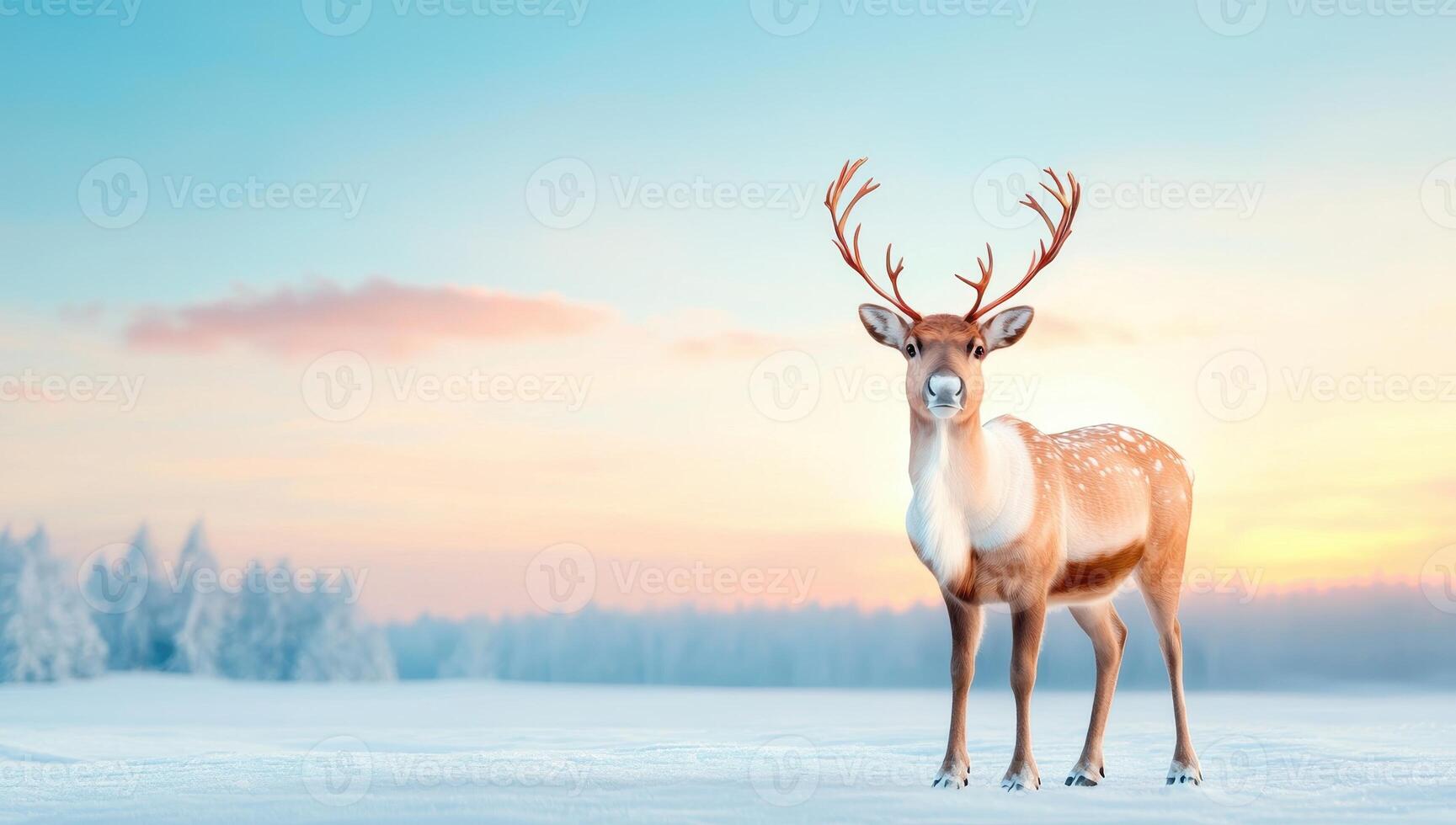 Majestic reindeer in a snowy winter wonderland at sunset. Concept of Christmas, nature, wildlife photo