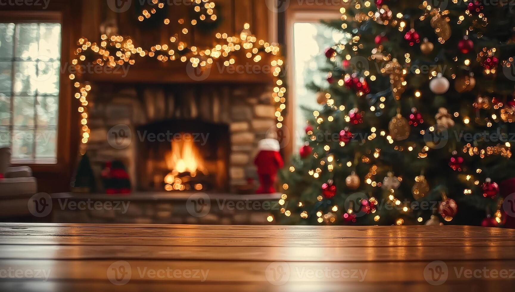 Empty wooden table in front of Christmas tree and fireplace. Concept of Holiday background, festive gathering. photo