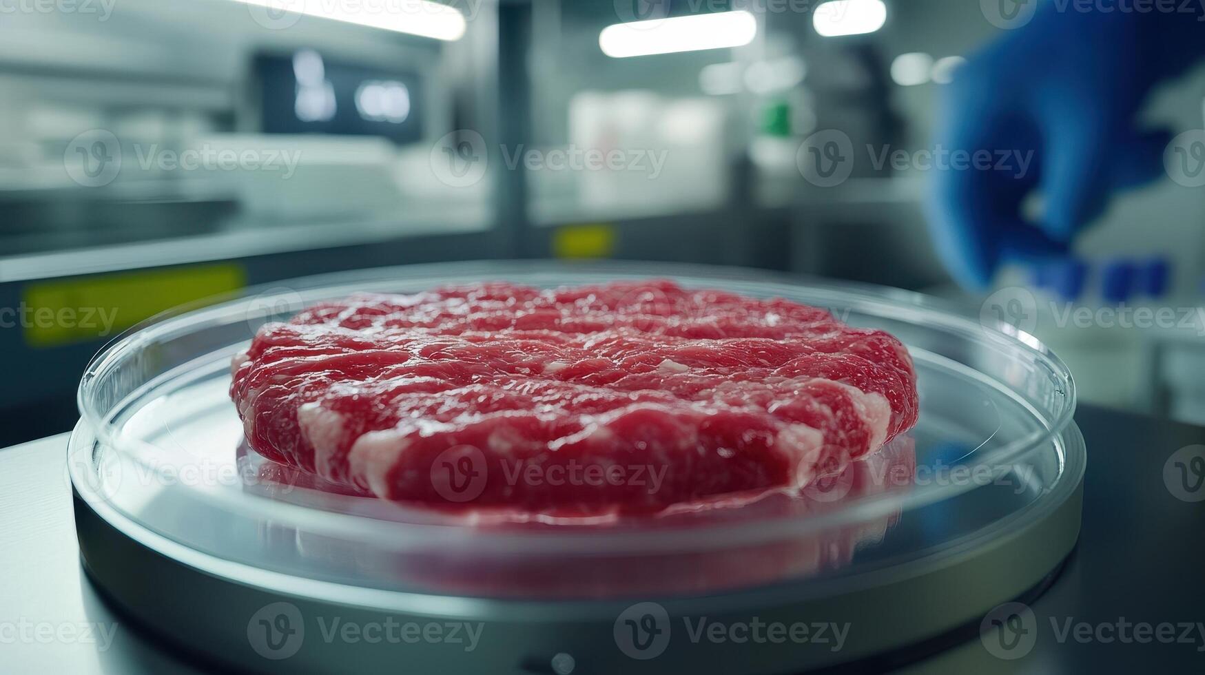 Close up of raw meat patty on a laboratory scale in a modern food processing facility photo