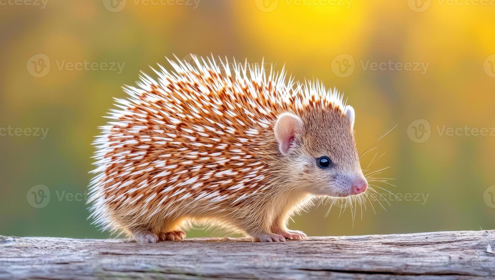 Cute hedgehog standing on a log in autumn forest. Wildlife, nature, and animal concept. photo