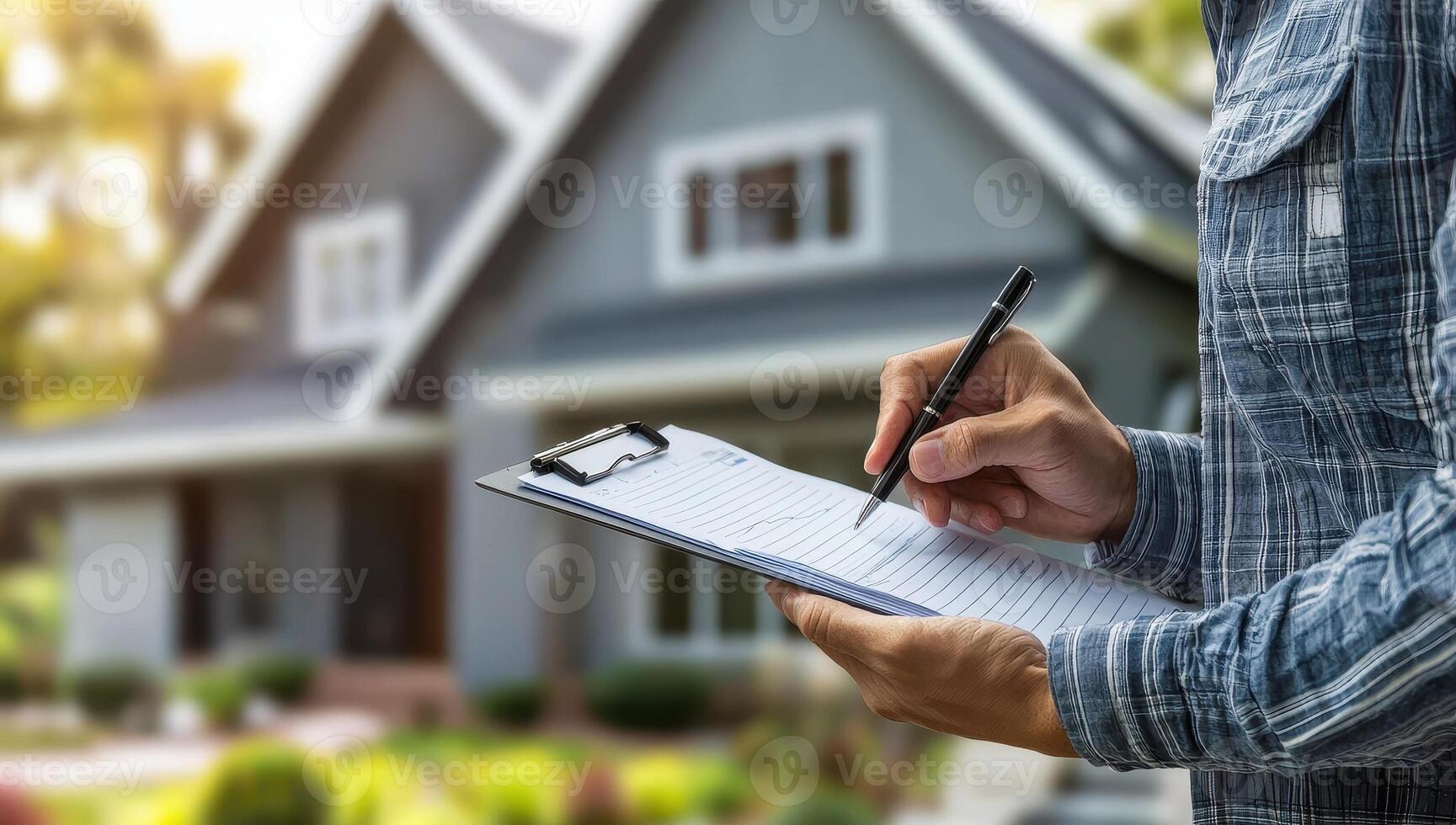 Home inspector writing on clipboard during house inspection. Concept of real estate, property assessment, and home buying. photo