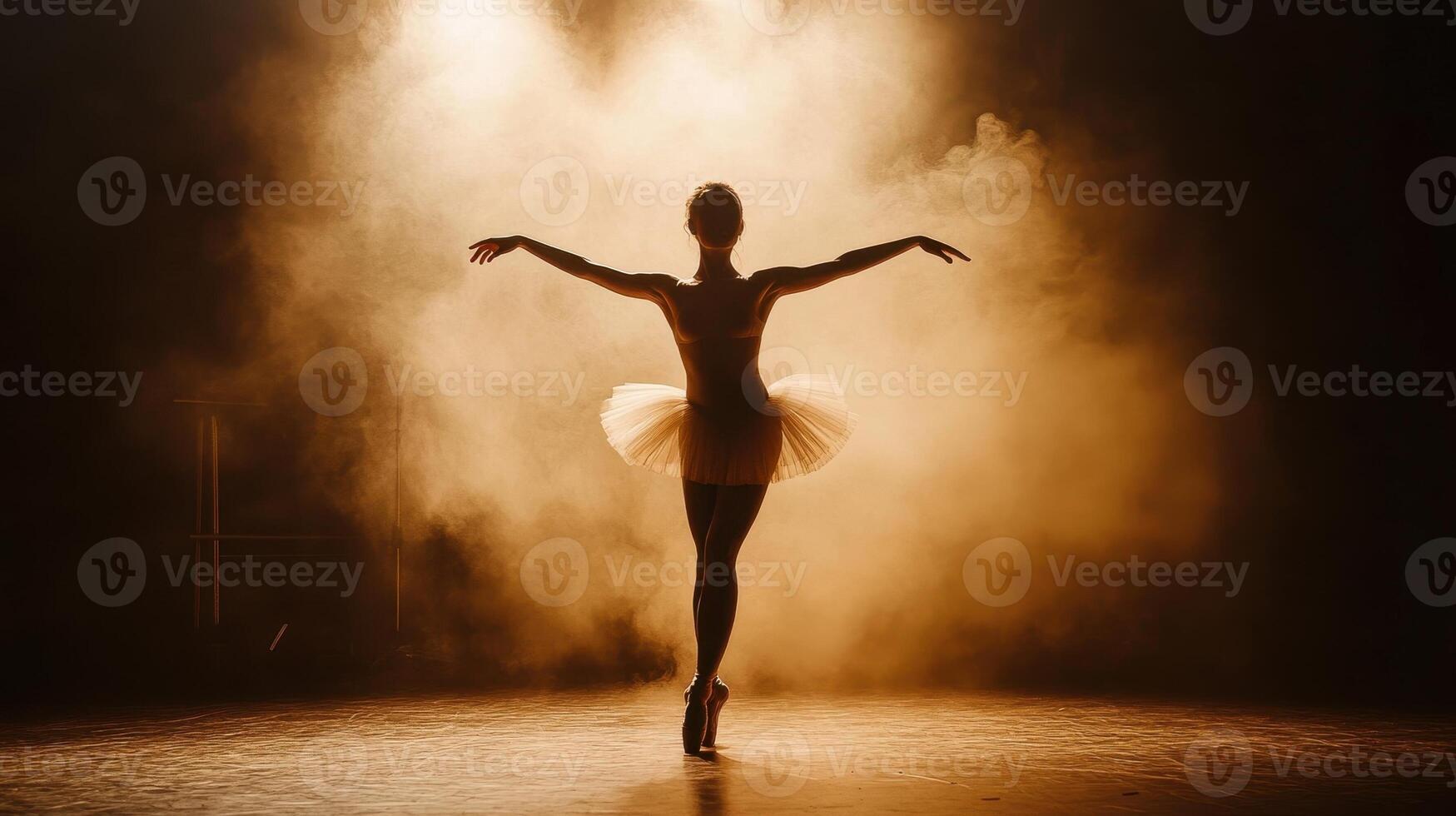 Ballerina silhouette in tutu on stage with spotlight and smoke. Concept of dance, art, performance, grace, and beauty photo