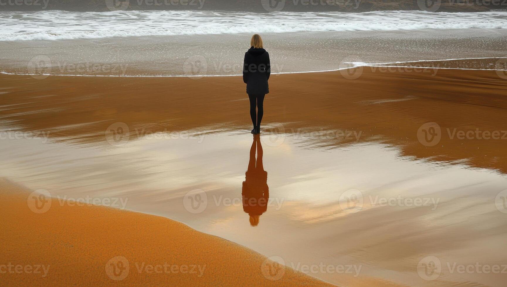 Woman standing on beach at low tide with reflection in water. Concept of loneliness, solitude, peace, and contemplation photo