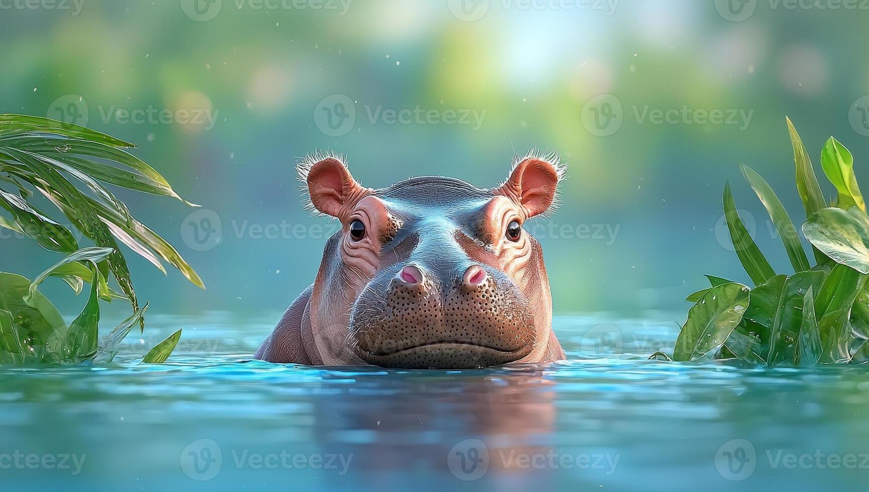 Cute baby hippopotamus submerged in water, surrounded by lush green foliage. Concept of wildlife, nature, Africa photo
