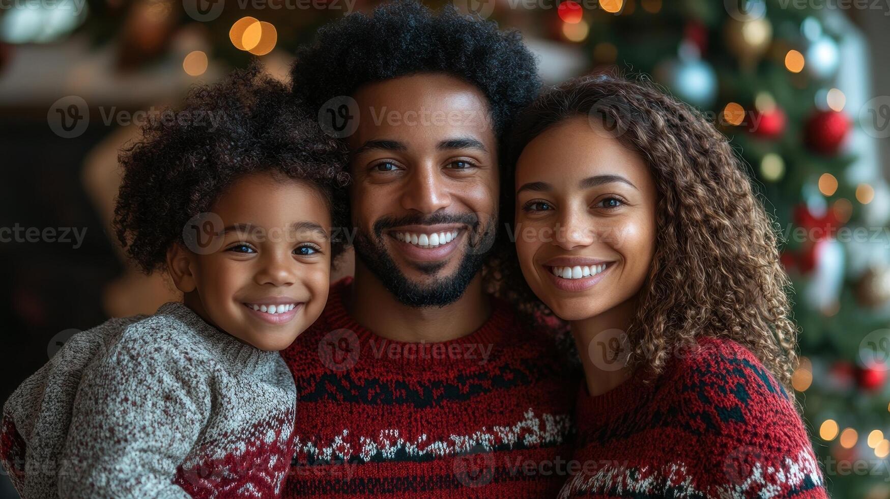 Portrait of happy multiracial family, parents and daughter, posing by the decorated Christmas tree at home, looking at camera and smiling. Joyful holiday moments concept. photo