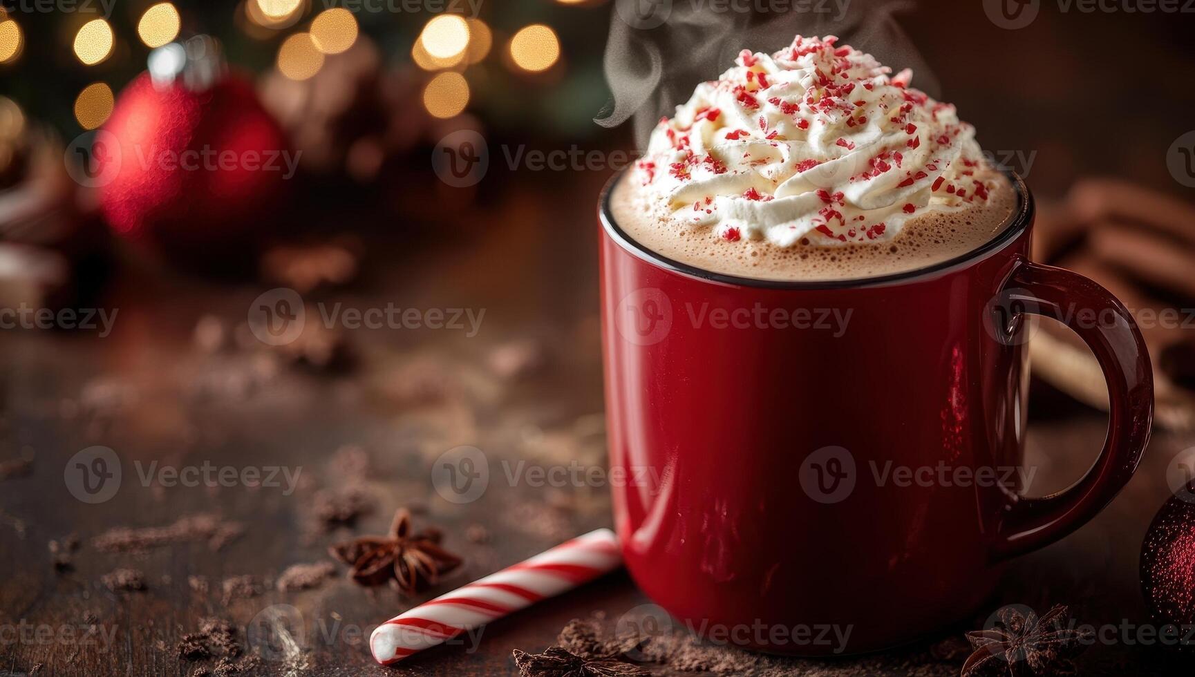 Steaming Mug of Peppermint Hot Chocolate with Christmas Lights. Concept of Holiday Cheer photo