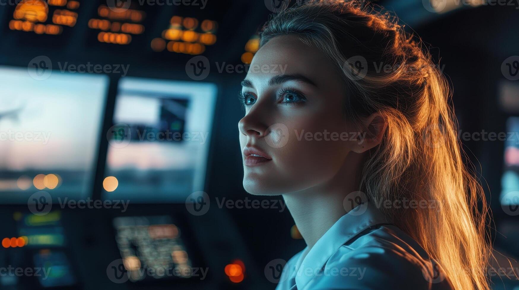 Close up portrait of young female air traffic controller working in control room, Concept of aviation, technology, navigation, and profession photo