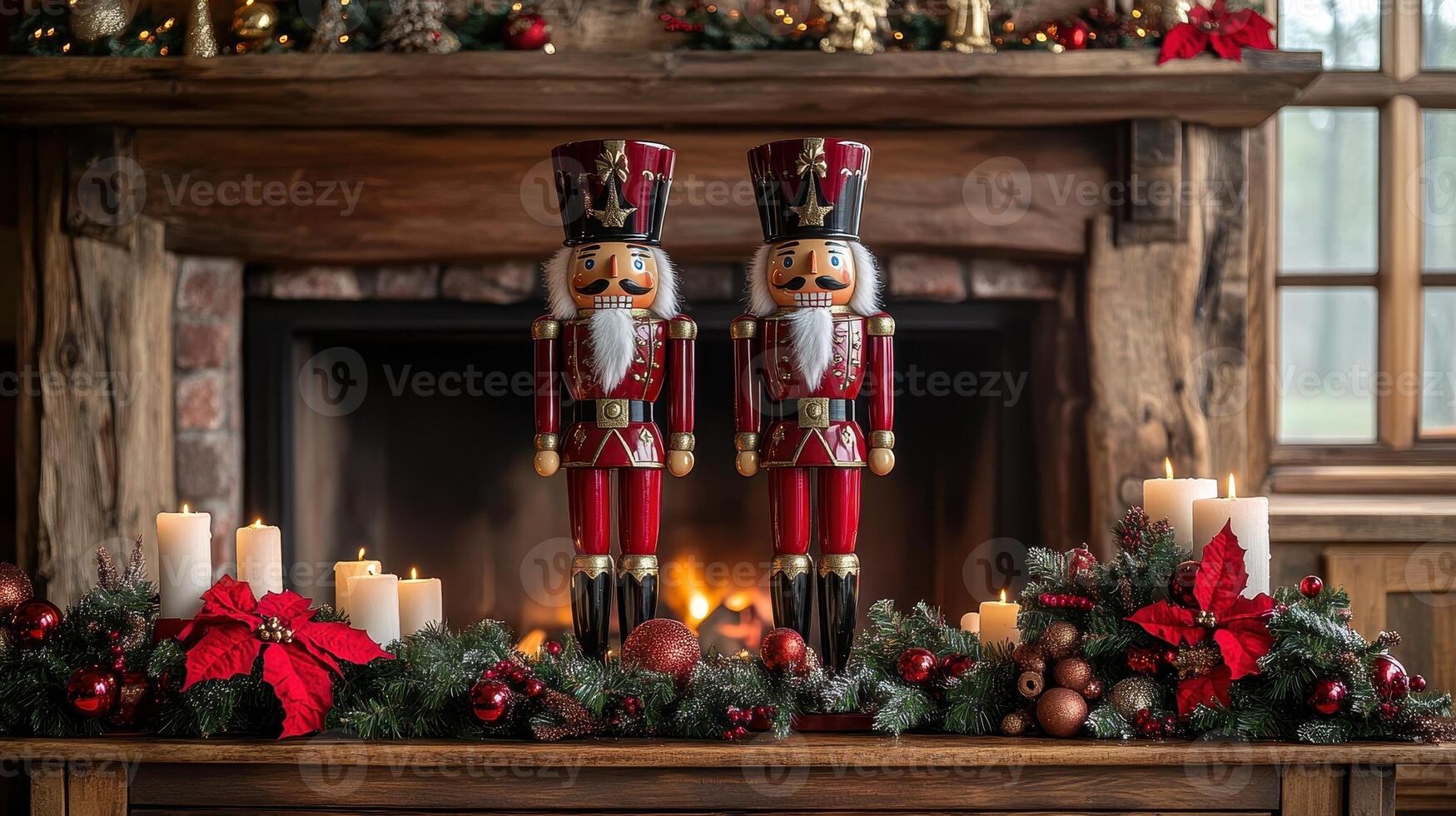 Two Nutcrackers by the Fireplace, Christmas Decoration photo