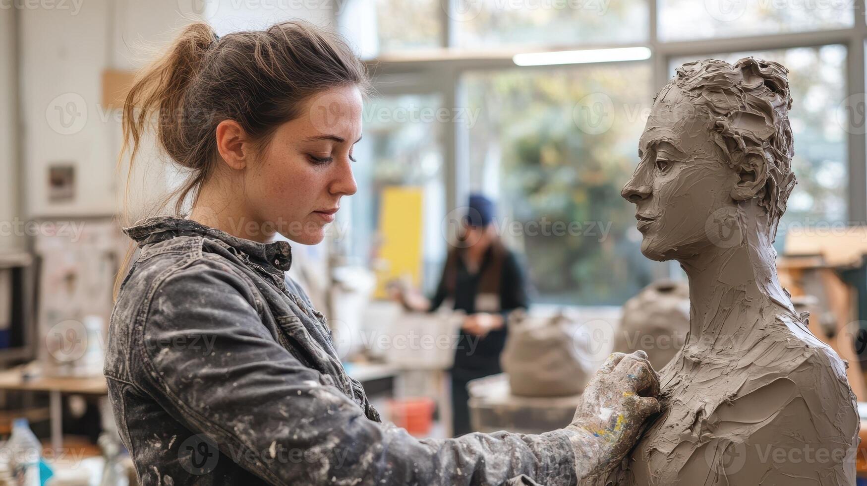 Female Artist Sculpting a Clay Bust in Art Studio. Concept of art, creativity, and craftsmanship. photo