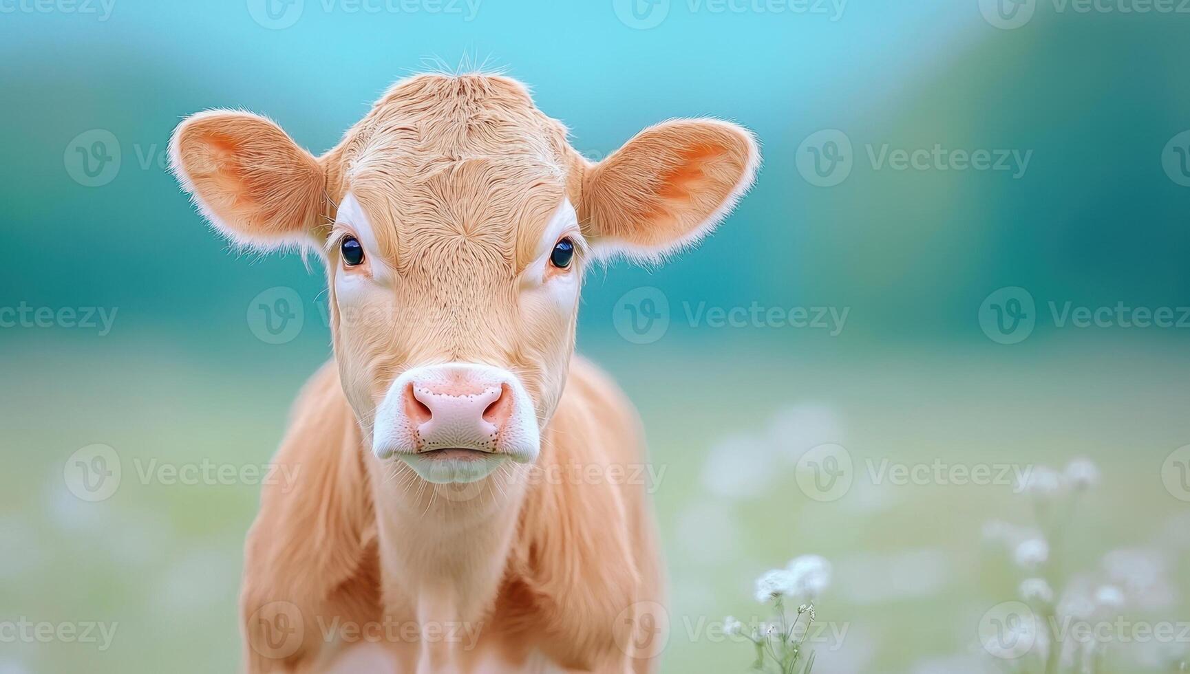 Adorable calf in a field of flowers. Concept of innocence, farm life, spring. photo