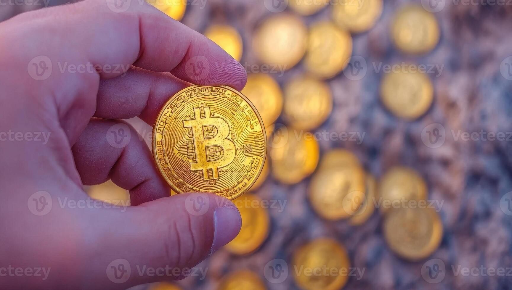 Hand holding a Bitcoin against a background of Bitcoins. Concept of cryptocurrency investment. photo