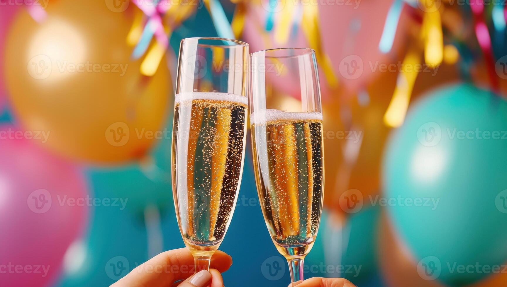 Champagne glasses cheers on a festive background. Concept of celebration, party, and joy. photo