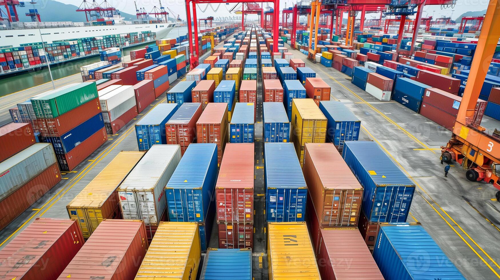 Logistics, container Cargo ship transportation with working crane bridge in deep sea port for import export. photo