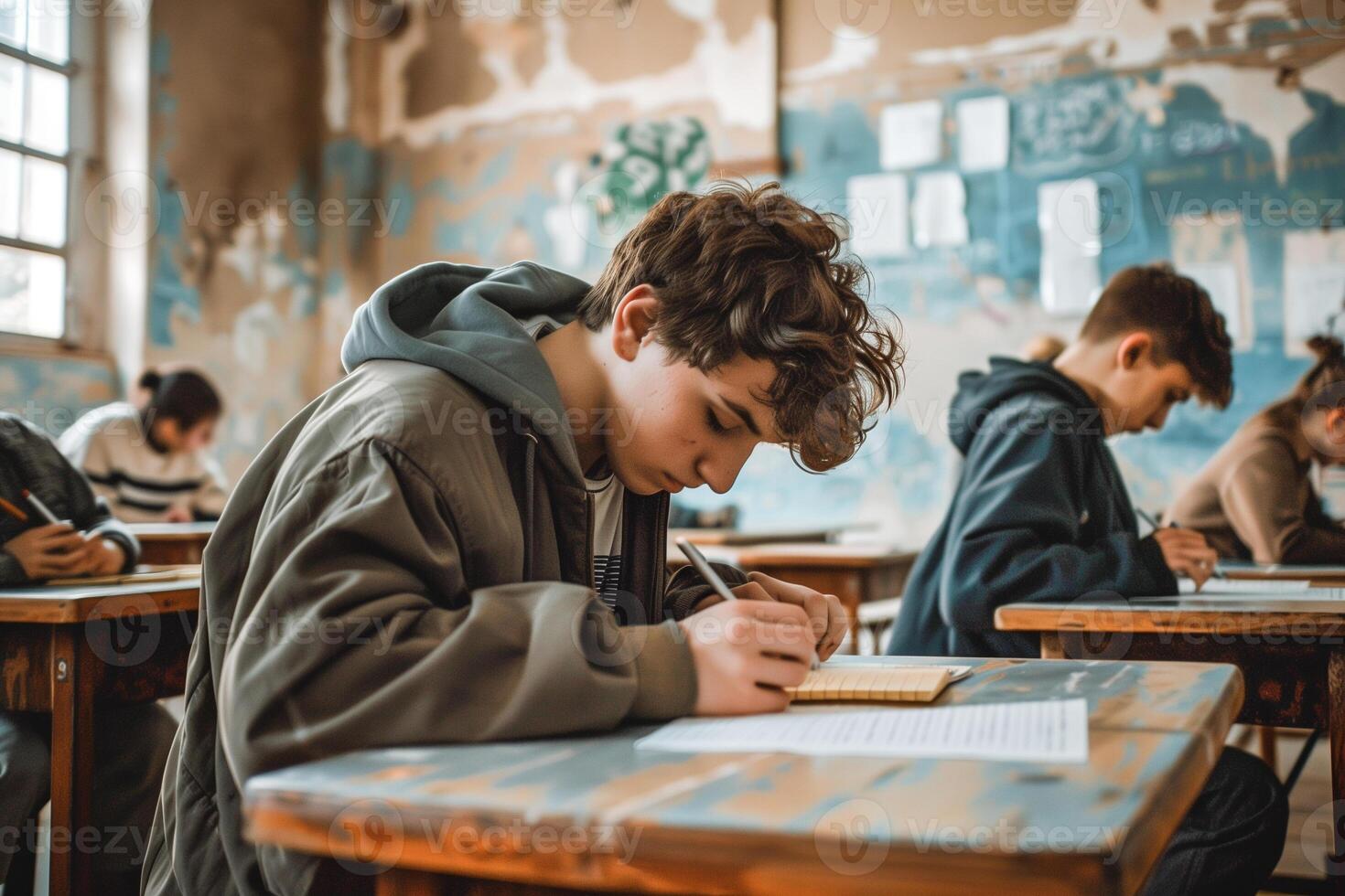 Student is writing an exam in a learning classroom. photo