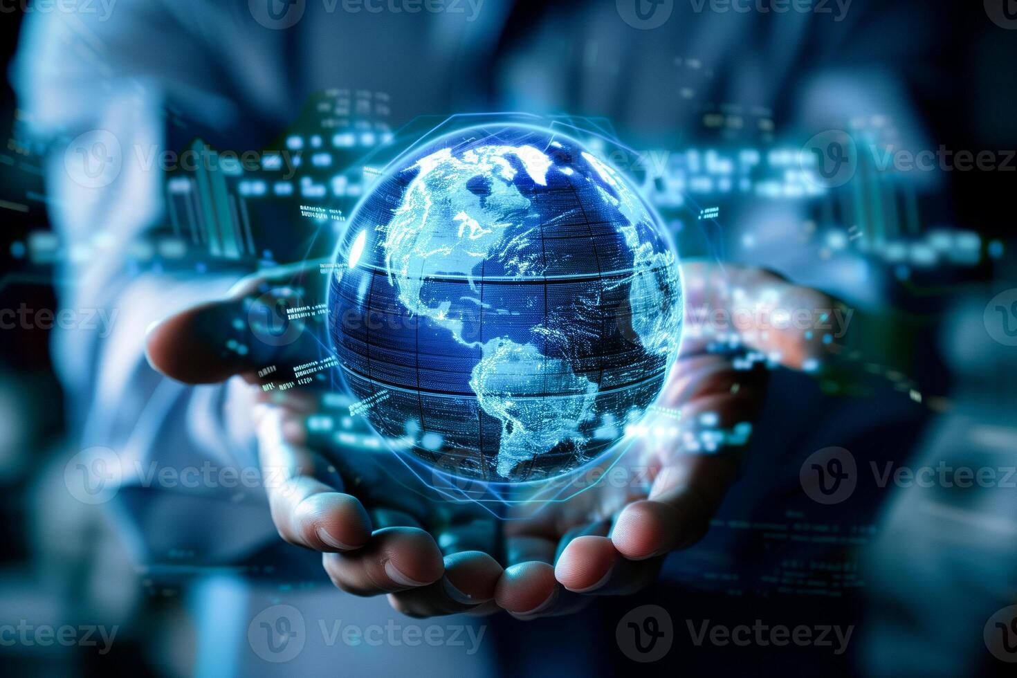 Businessman with digital globe and graph, finance trading stock in office. photo