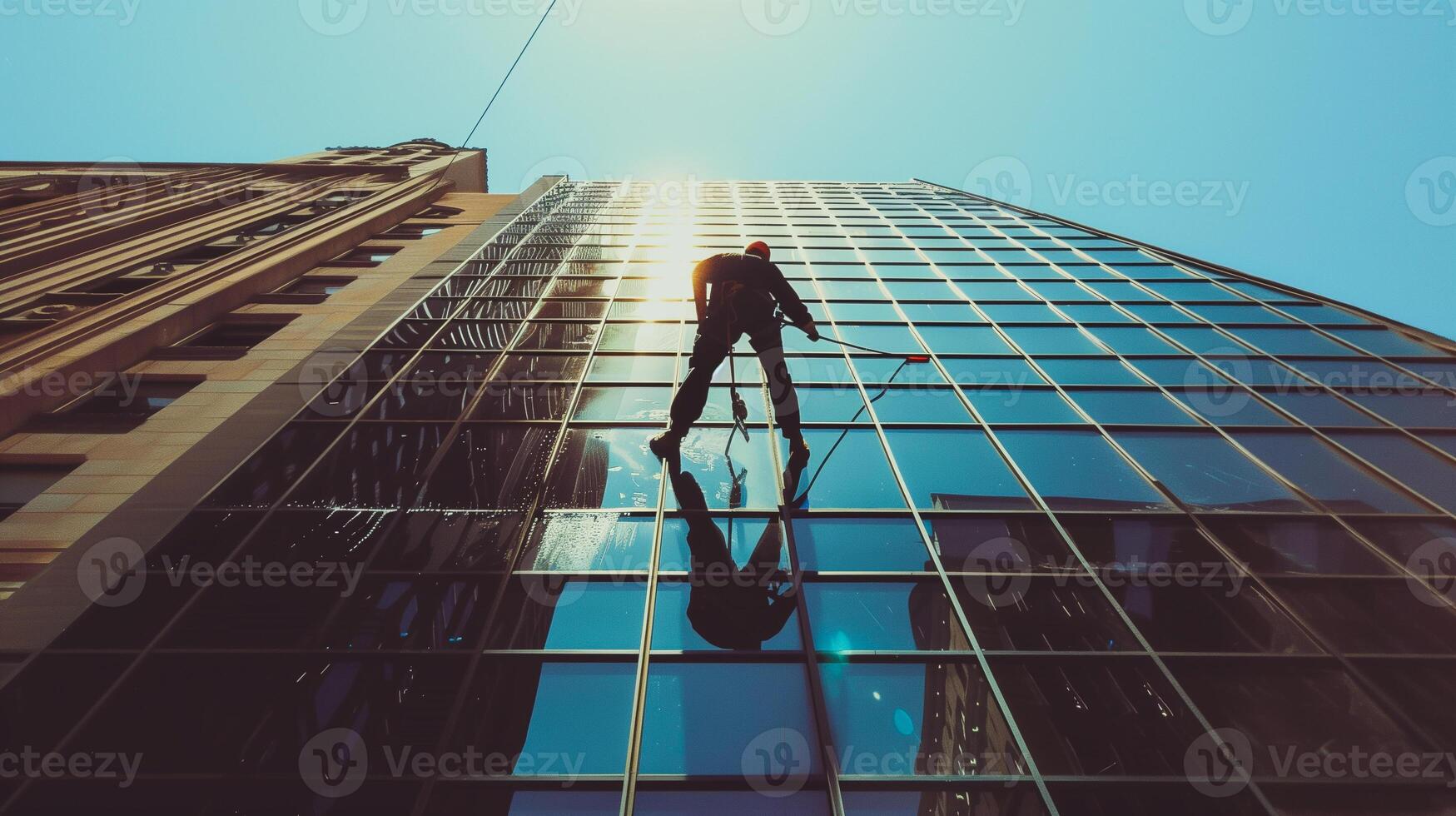 Worker cleaning windows service on high rise building. photo