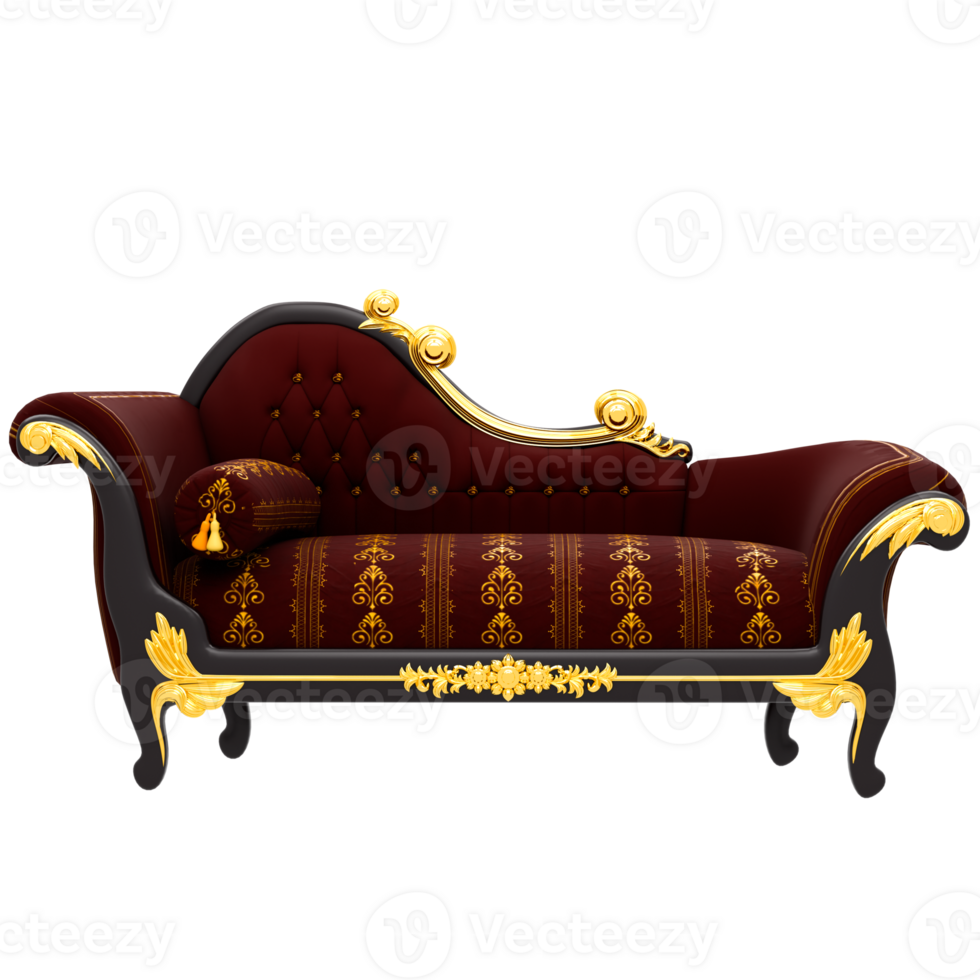 A red couch with gold trim and ornate pillows png