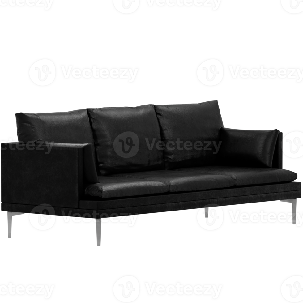 A black leather couch with a metal frame png