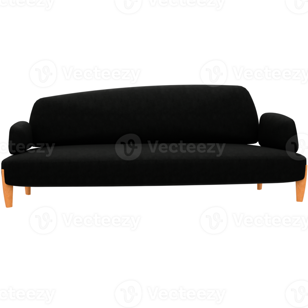 A black couch with wooden legs and a black arm rest png