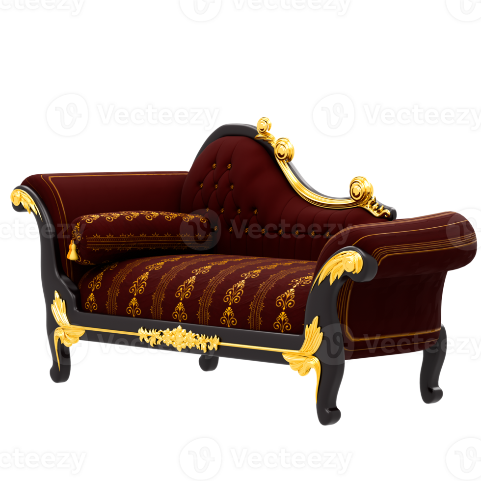 A red couch with gold trim and gold accents png