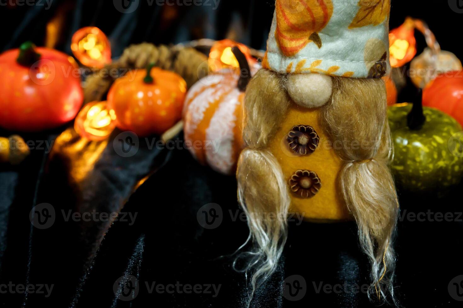 Halloween decorations background. Halloween Scary pumpkin head on wooden table Halloween holiday concept photo