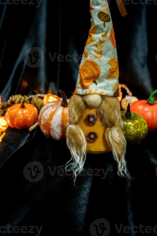 Halloween decorations background. Halloween Scary pumpkin head on wooden table Halloween holiday concept photo