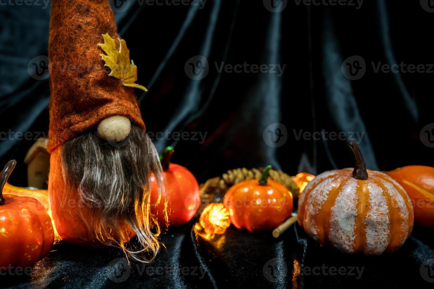 Halloween decorations background. Halloween Scary pumpkin head on wooden table Halloween holiday concept photo