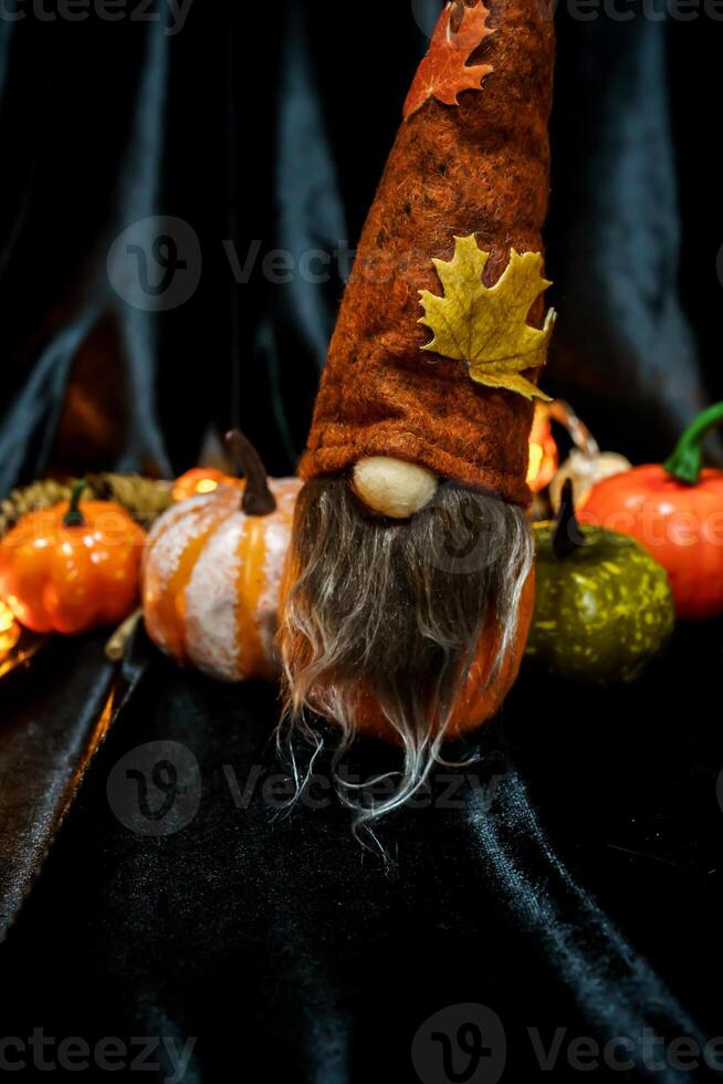 Halloween decorations background. Halloween Scary pumpkin head on wooden table Halloween holiday concept photo