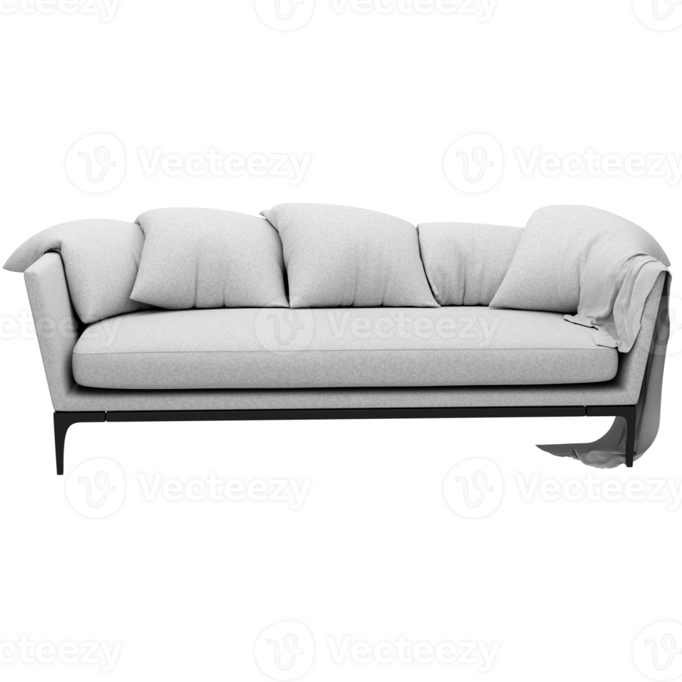 A black and white image of a couch with pillows png