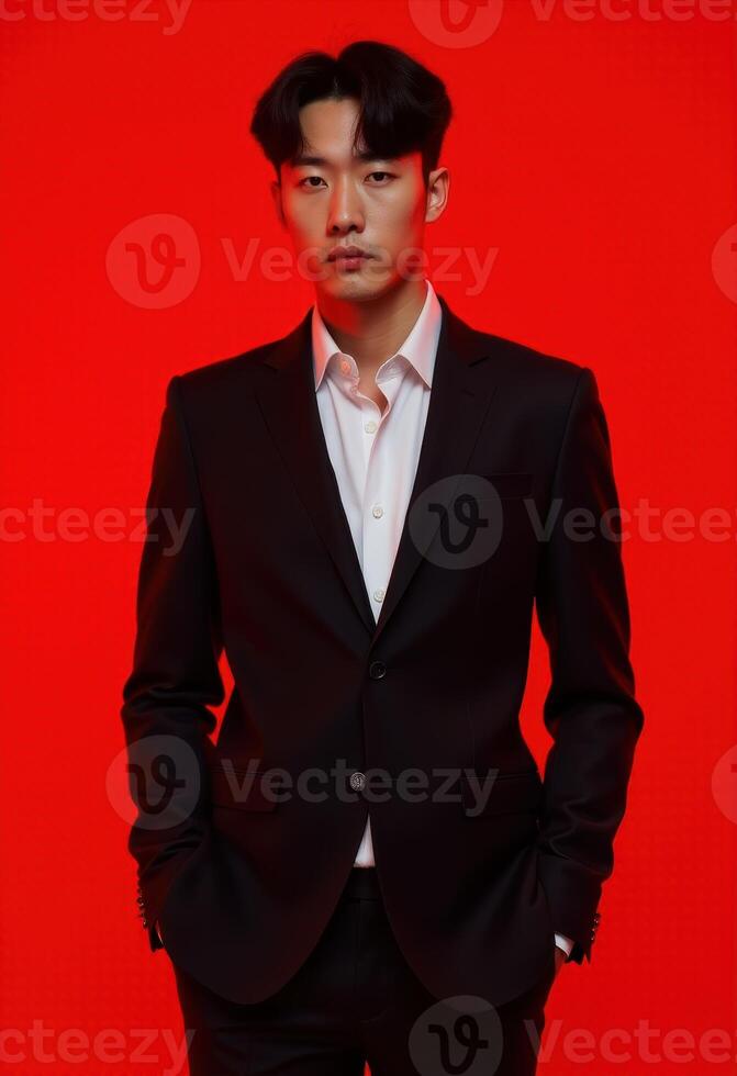 Young korean man in formal suit standing against red background. photo
