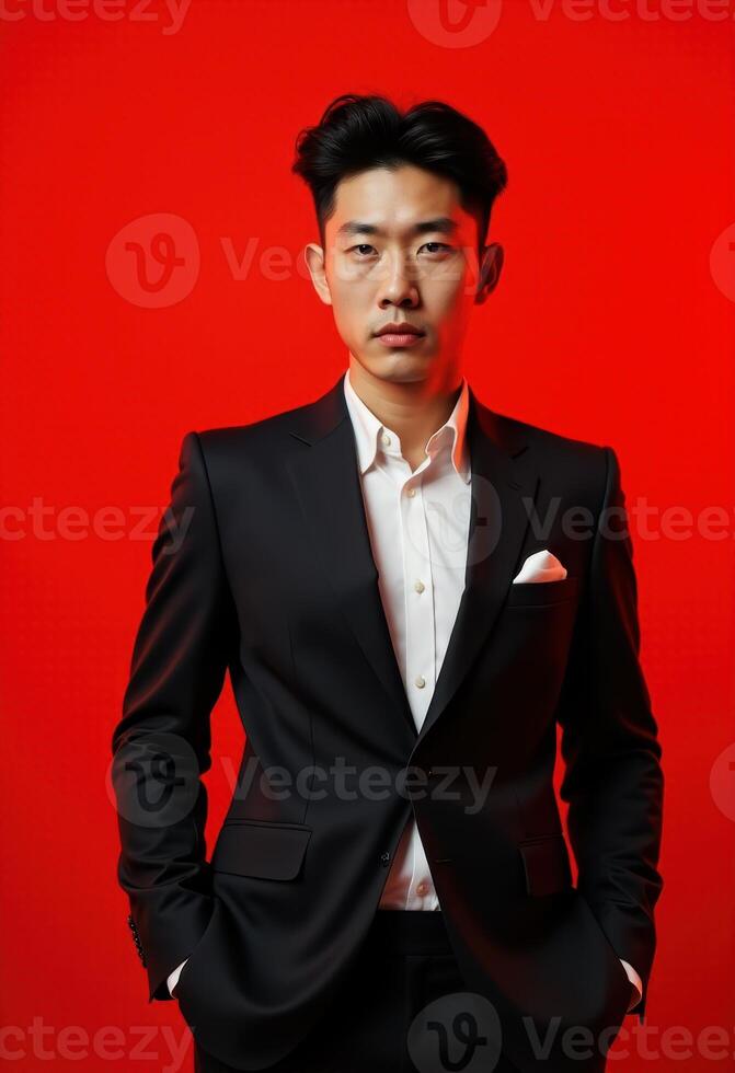 Young korean man in formal suit standing against red background. photo