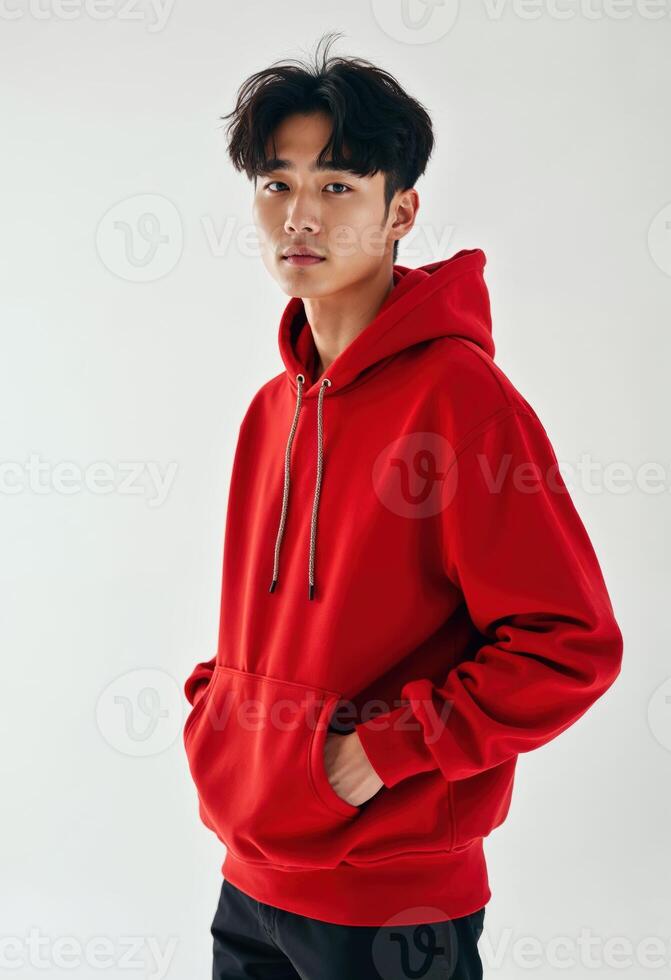 Young Korean Man in Red Hoodie Standing Against White studio Background photo