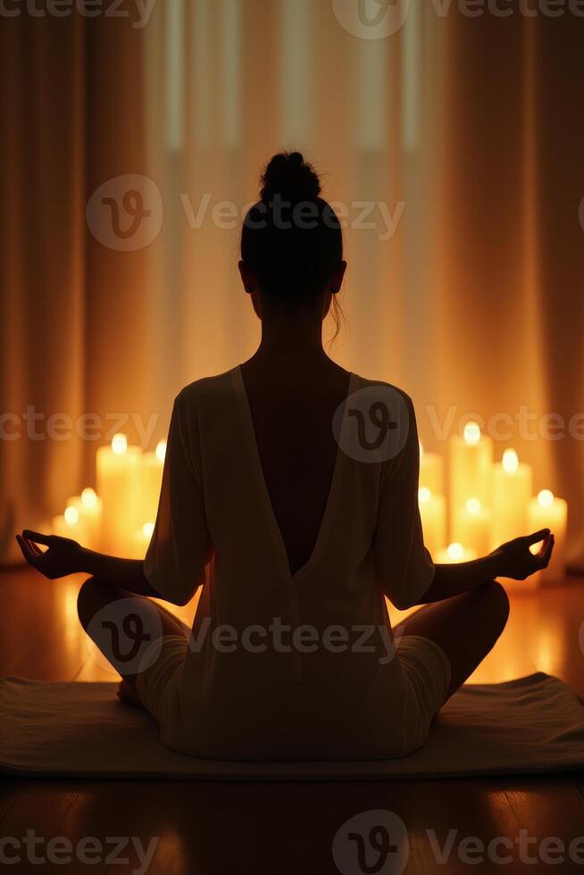 Woman meditating in a peaceful room with candlelight ambiance photo