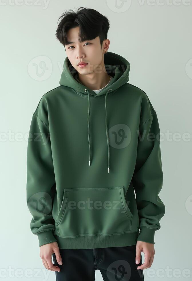 Young korean man in green hoodie. poses confidently against white background photo