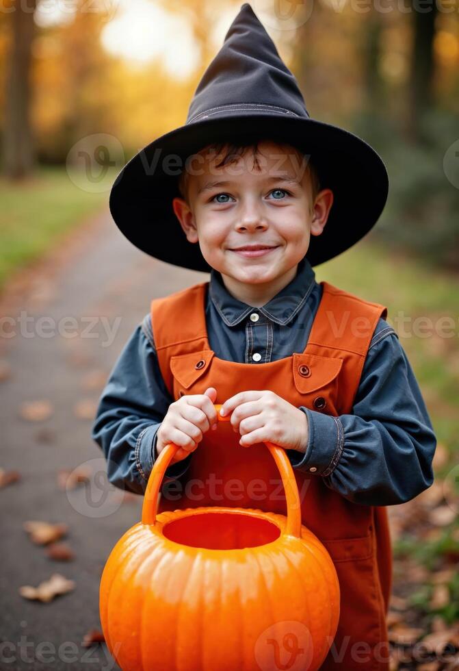little boy wearing halloween costume and holding pumpkin basket in trick or treat season photo