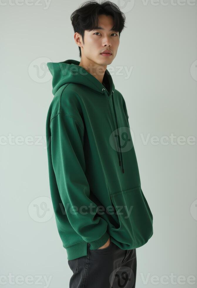 Young korean man in a green hoodie looking at the camera photo